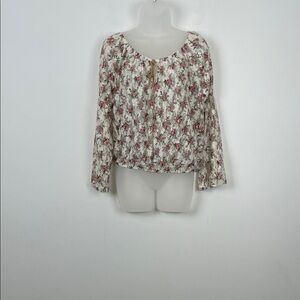 Y2K Bell Sleeve Crop Babydoll Lace Floral Print Women M  Boho Pullover Dots Top